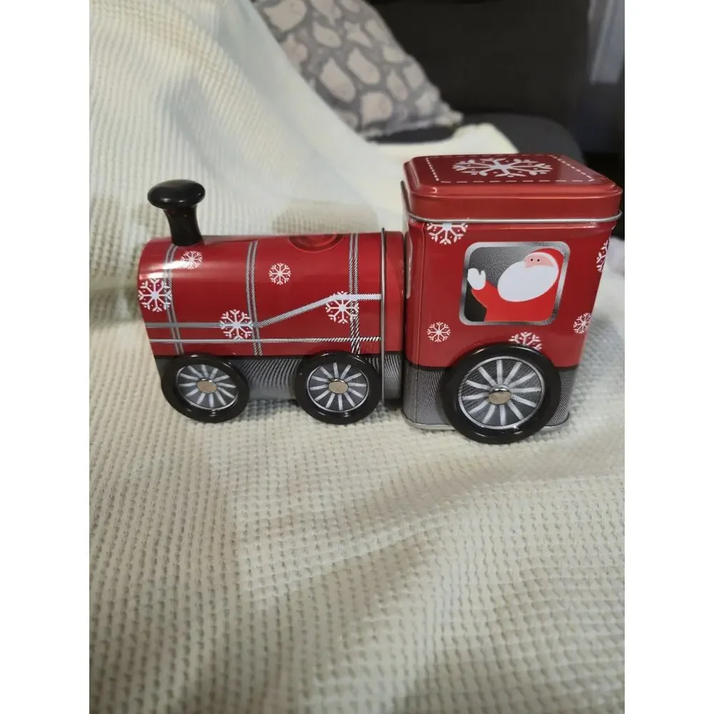Vintage Christmas Train Tin Moving Wheels Open Top Engine Storage Box